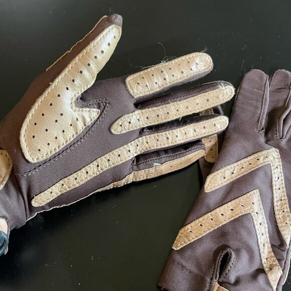 Vintage Aris Isotoner Brown Fleece Lined Gloves Suede Tan Trim Womens One Size - Picture 3 of 6